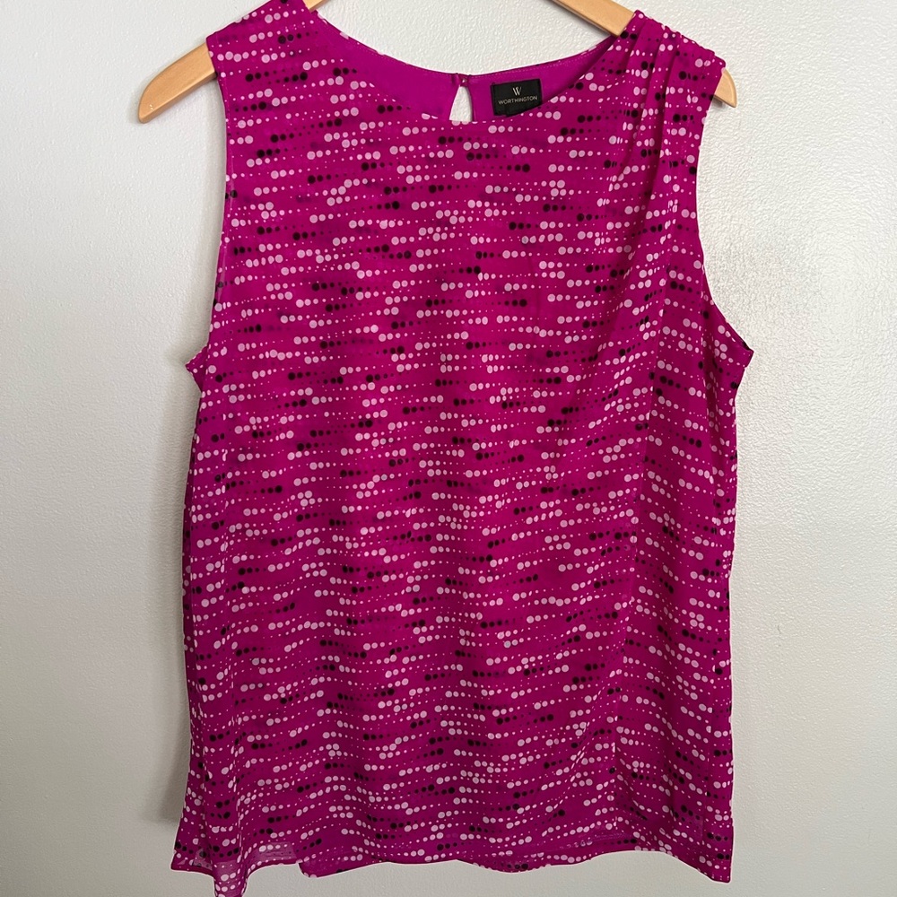 Worthington Womens Sleeveless Blouse Fushia, White, black Size Large